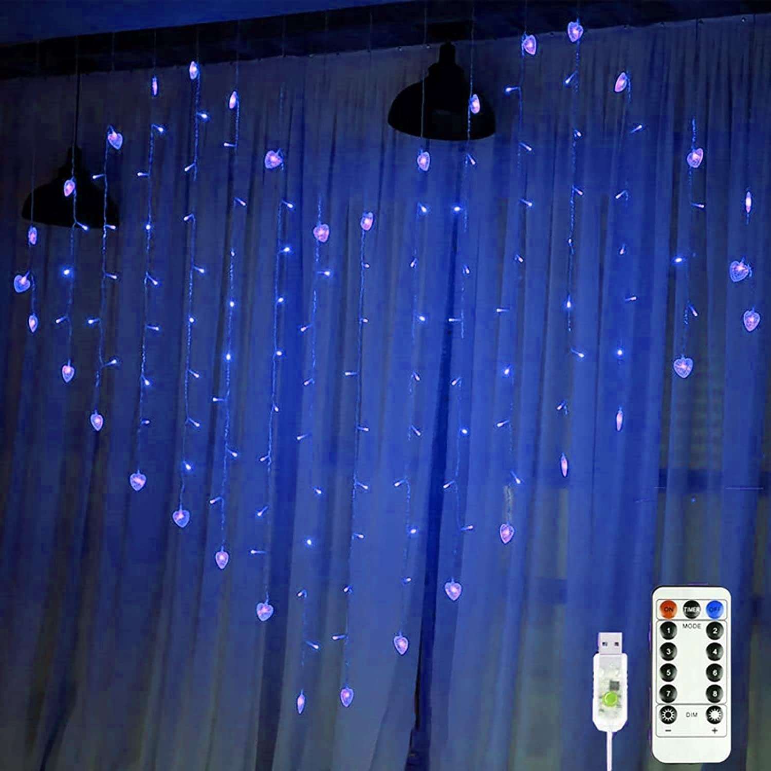 Kurtyna okienna LED, sople lodu, łańcuch świetlny, 124 diody LED, 2 m x 1,5 m, 8 trybów pracy, pilot zdalnego sterowania, baterie, złącze USB, do dekoracji na imprezę, do sypialni, na wesele (niebieska)