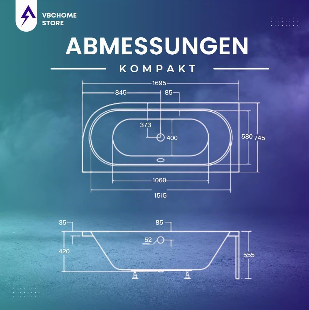 VBChome Badewanne 170x75 cm Acryl SET Schürze Siphon Wanne Ecke Eckbadewanne Antirutsch Weiß Design Modern Ablaufgarnitur Viega Simplex für 2 Personen (170x75 link)