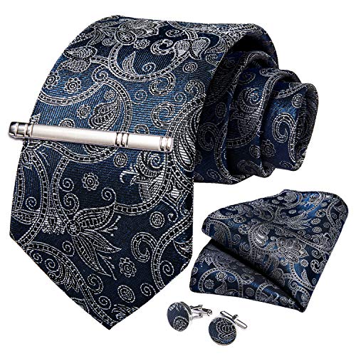 Image of DiBanGu Paisley Ties for Men Silk Necktie and Pocket Square Cufflinks Tie Clip Set Woven Classic Mens Tie for Wedding Party