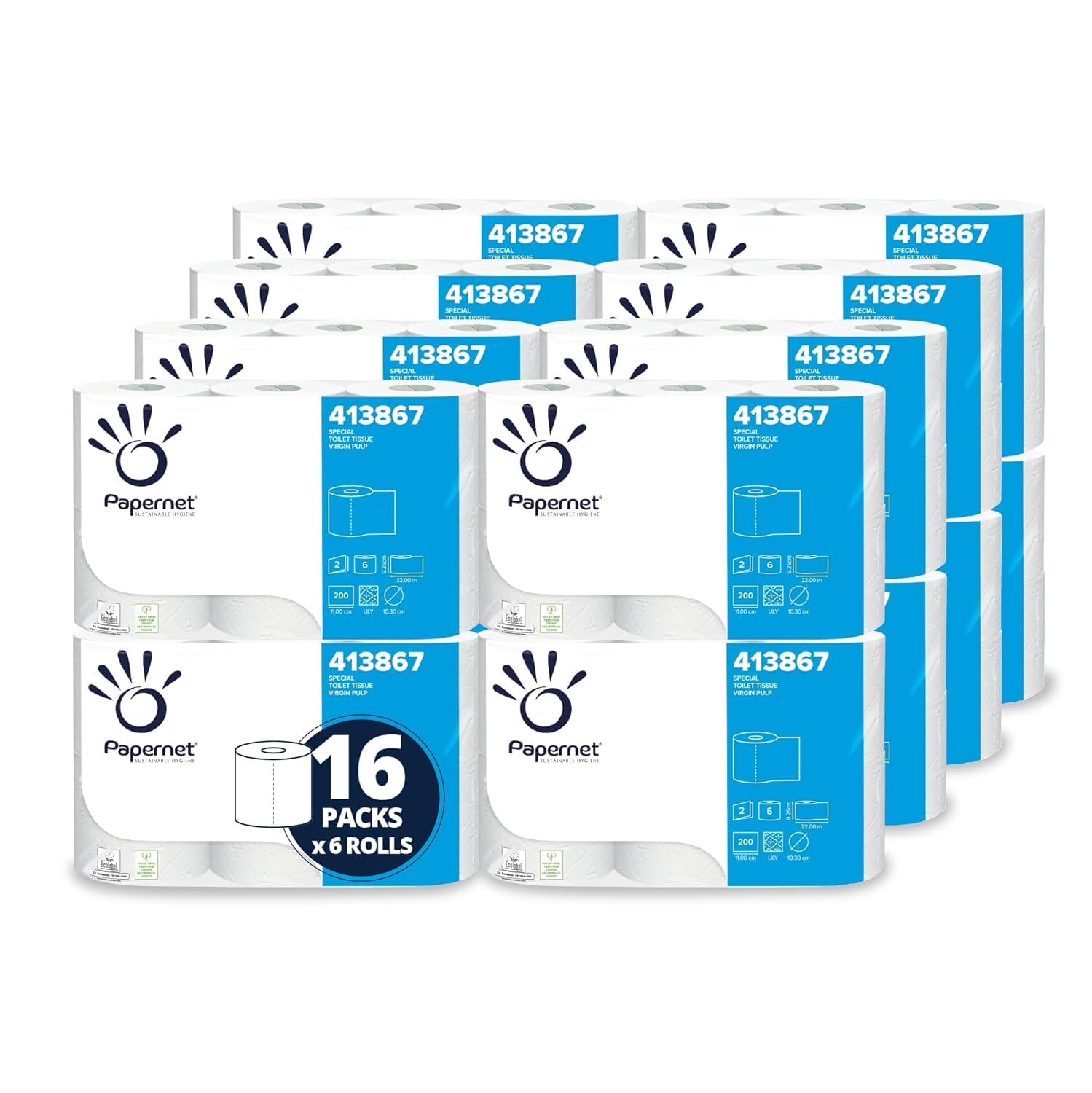 Papernet - Carta Igienica 413867, 96 Rotoli (16 Confezioni da 6 Rotoli ciascuna), Prodotto in Pura Cellulosa, 2 Veli, 200 Strappi, Lunghezza Rotolo 22 m, Bianco