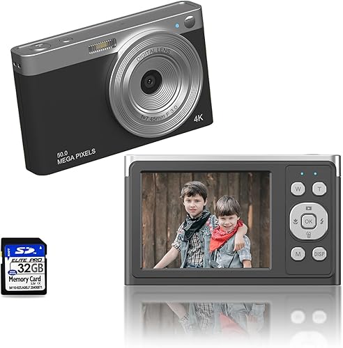 Ordine - Cámara digital 4K para niños con enfoque automático de tarjeta SD de 32 GB, cámara de video compacta de 50 MP con zoom digital de 16X,