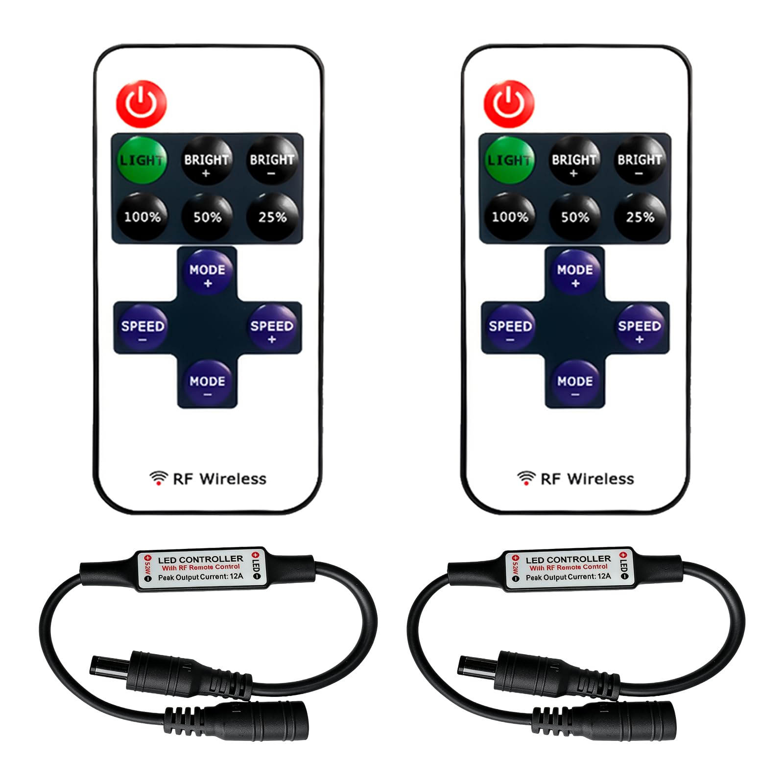 2 Pack RF Wireless Remote Control,11 Key Remote Control, DC 5-24V Mini Dimmer Switch for Single Color LED Strip Lights, Adjustable Brightness Controller with DC Connector for Home Office Decor (Black)
