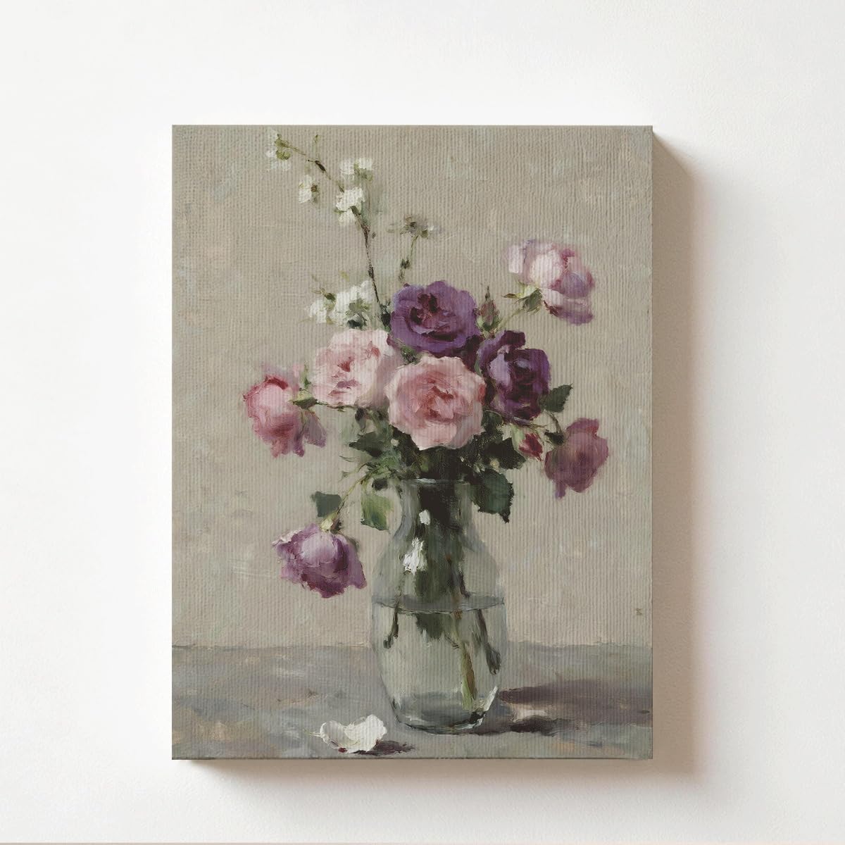 Fine Art Canvas Wall Art 8x10 Pink Purple Roses in Glass Vase Romantic Floral Decor for Bedroom Living
