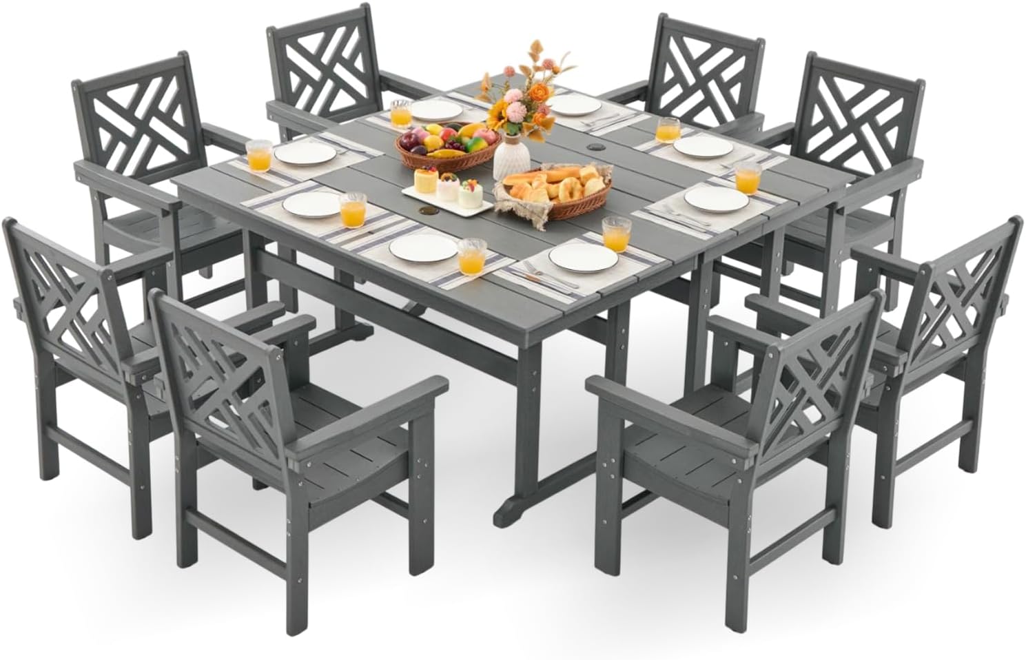 HDPE Outdoor Dining Set,10-Piece Outdoor Table and Chairs Include 8 Dining Chairs and 2 Pcs 62.5" Patio Dining Table with Umbrella Hole (Gray)