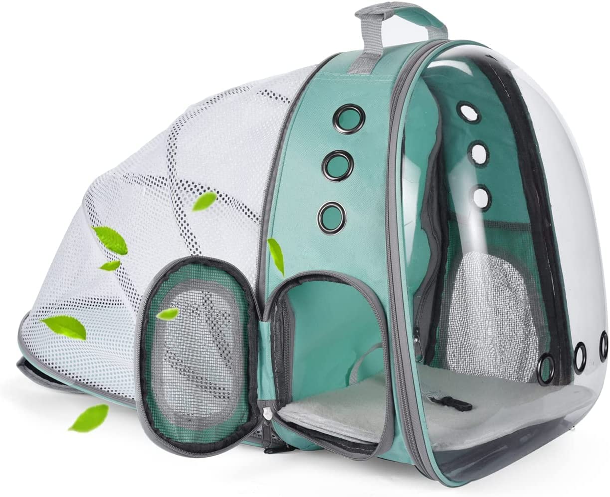 Zaino per Cani Gatti Estensibile, Zaino portatile per cani e gatti con finestra frontale trasparente e Retro espandibile, Zaino Capsula Spaziale ideale per Viaggo (Green, Behind Expand)
