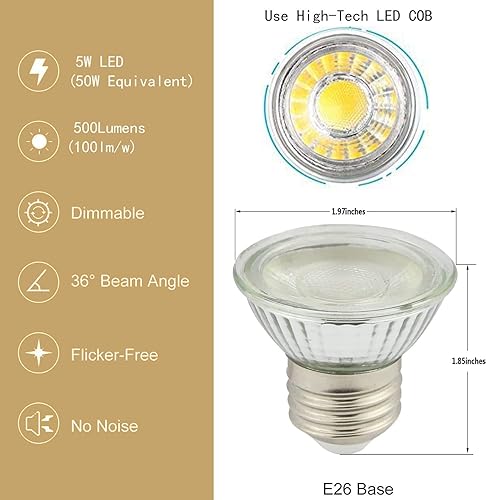 Miniatura 3 de Foco LED PAR16 de 5 W, bombilla halógena corta regulable equivalente a 50 W, repuesto LED para bombilla halógena, base de tornillo E26, 120 V HR16,