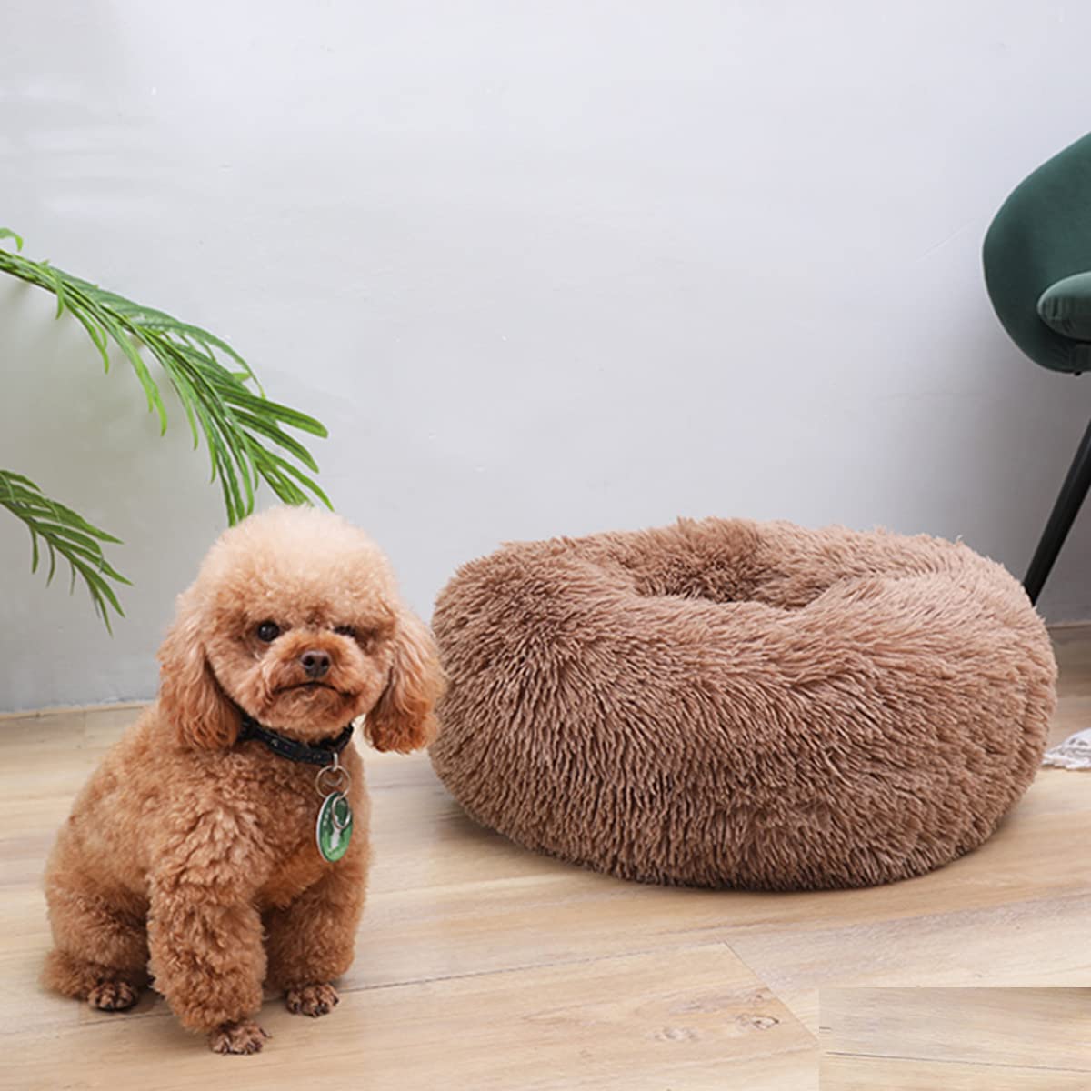Calming Dog Bed & Cat Bed, Anti-Anxiety Donut Warming Cozy Soft Dog Round Bed, Fluffy Faux Plush Dog Cat Cushion Bed for large Small Medium Dogs and Cats diameter20in