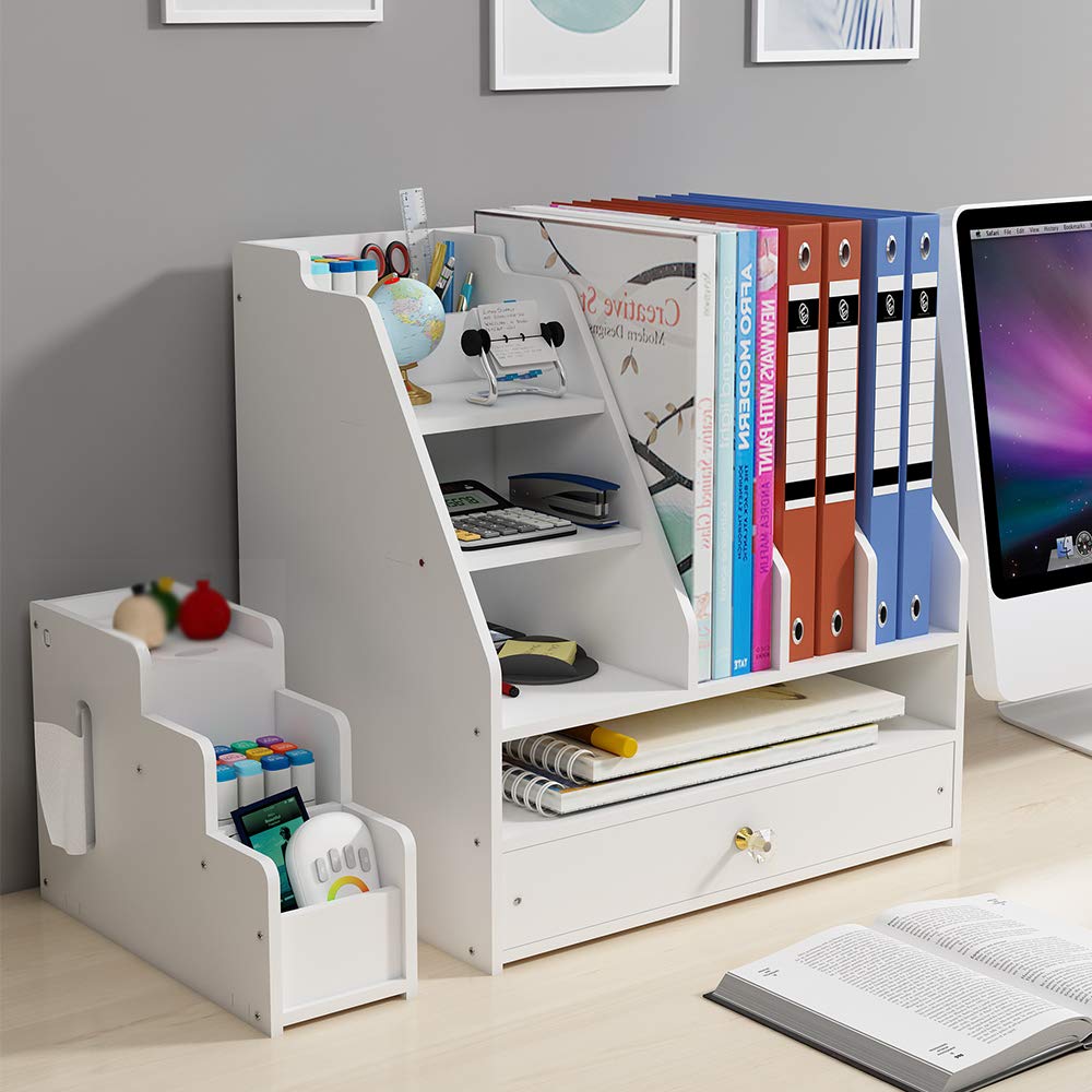 Schreibtisch-Organizer mit Stiftehalter und Schublade, Mehrzweck-Dokumentenablage, Schreibtischaufsatz, Aufbewahrungsregal, für Zuhause, Büro, Schule. Weiß (PB04)