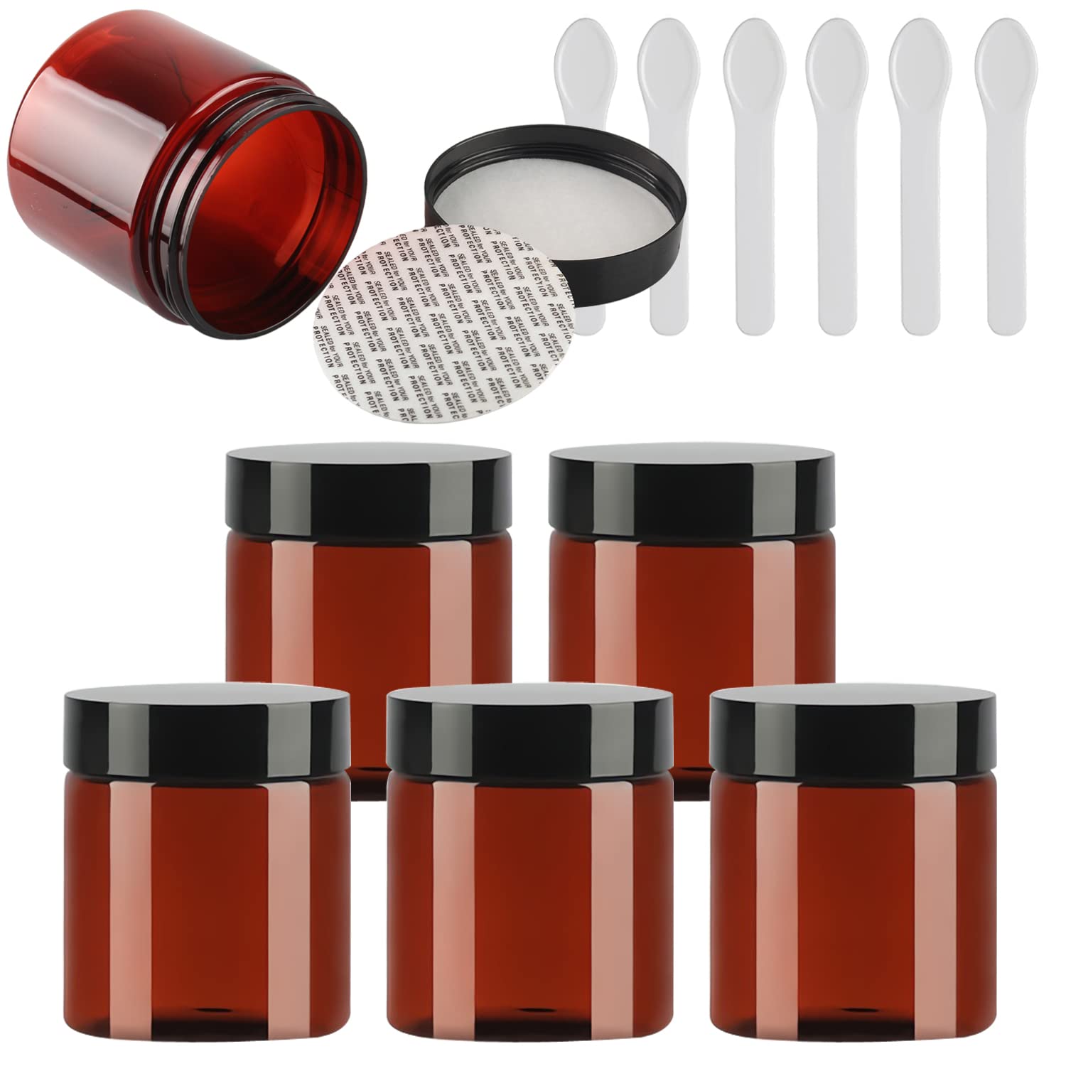 Pack of 6 Small 200 ml Brown Plastic Empty Cream Jar with Black Lid 200 g Empty Tin Screw Box Cosmetic Container Jar, 6 Pieces Spatulas