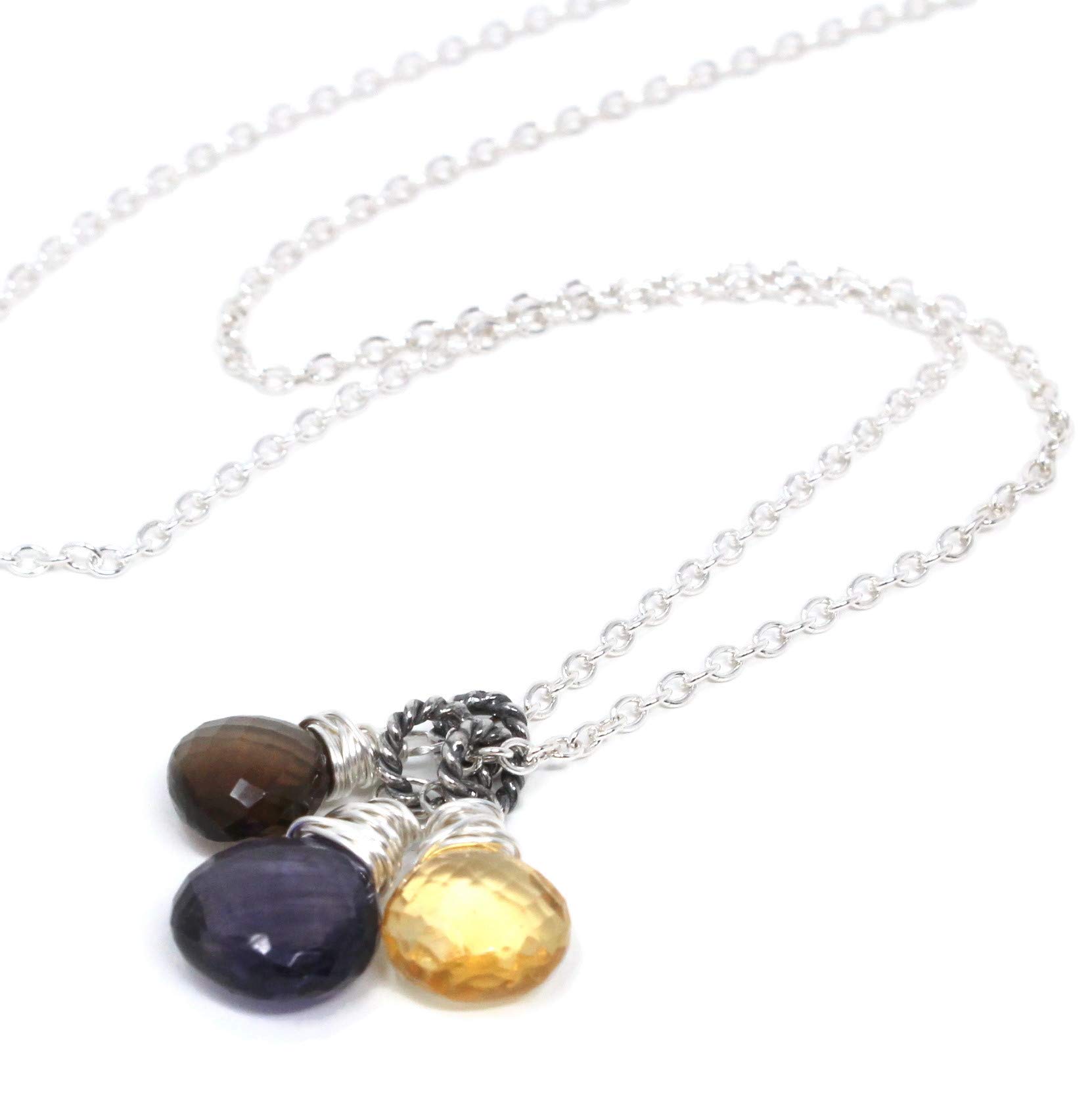 Citrine Smoky Quartz Iolite Necklace Sterling Silver Multi Stone Blue Honey Brown 18"