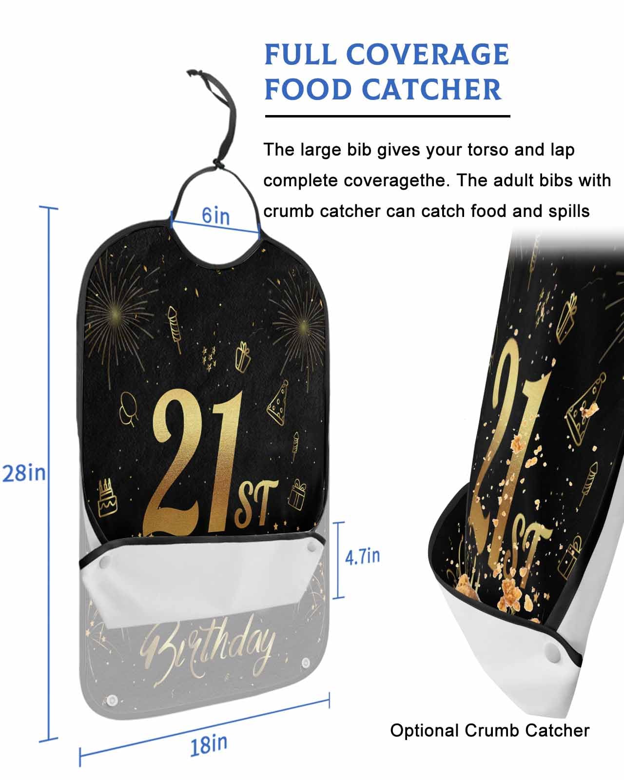 LEOKOTI Happy 21th Birthday Adult Bibs for Eating, Waterproof Bibs with Food Catcher & Adjustable Snap Closure, Black Golden Cake Fireworks Washable Clothing Protectors Adult Bibs for Elderly