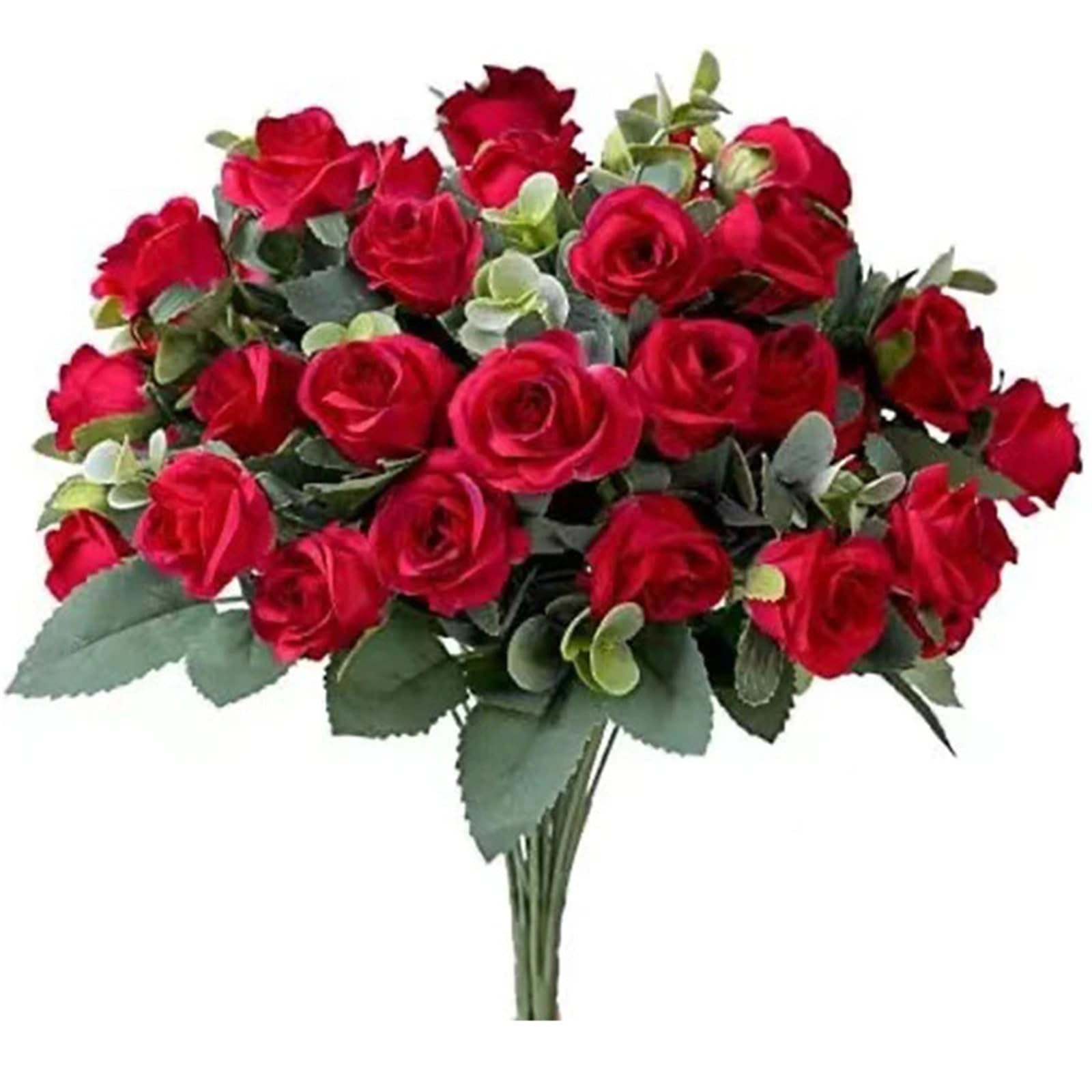 Dcrxz Artificial Flowers 3pcs Artificial Flower Silk Rose white Eucalyptus leaves Peony Bouquet Fake Flower for Wedding Table Party Vase Home Decor(Red)