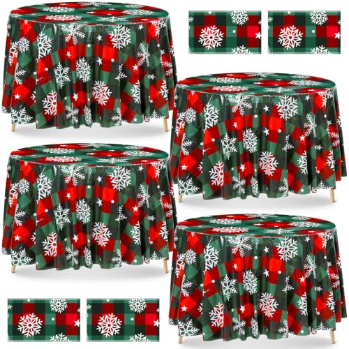 Image of Ganeen 6 Pcs Christmas Buffalo Plaid Snowflake Decoration Red Green Snowflake Winter Plastic Tablecloth Winter Party Wonderland Decorations Xmas Table Cover for Christmas Holiday Birthday Party Supply