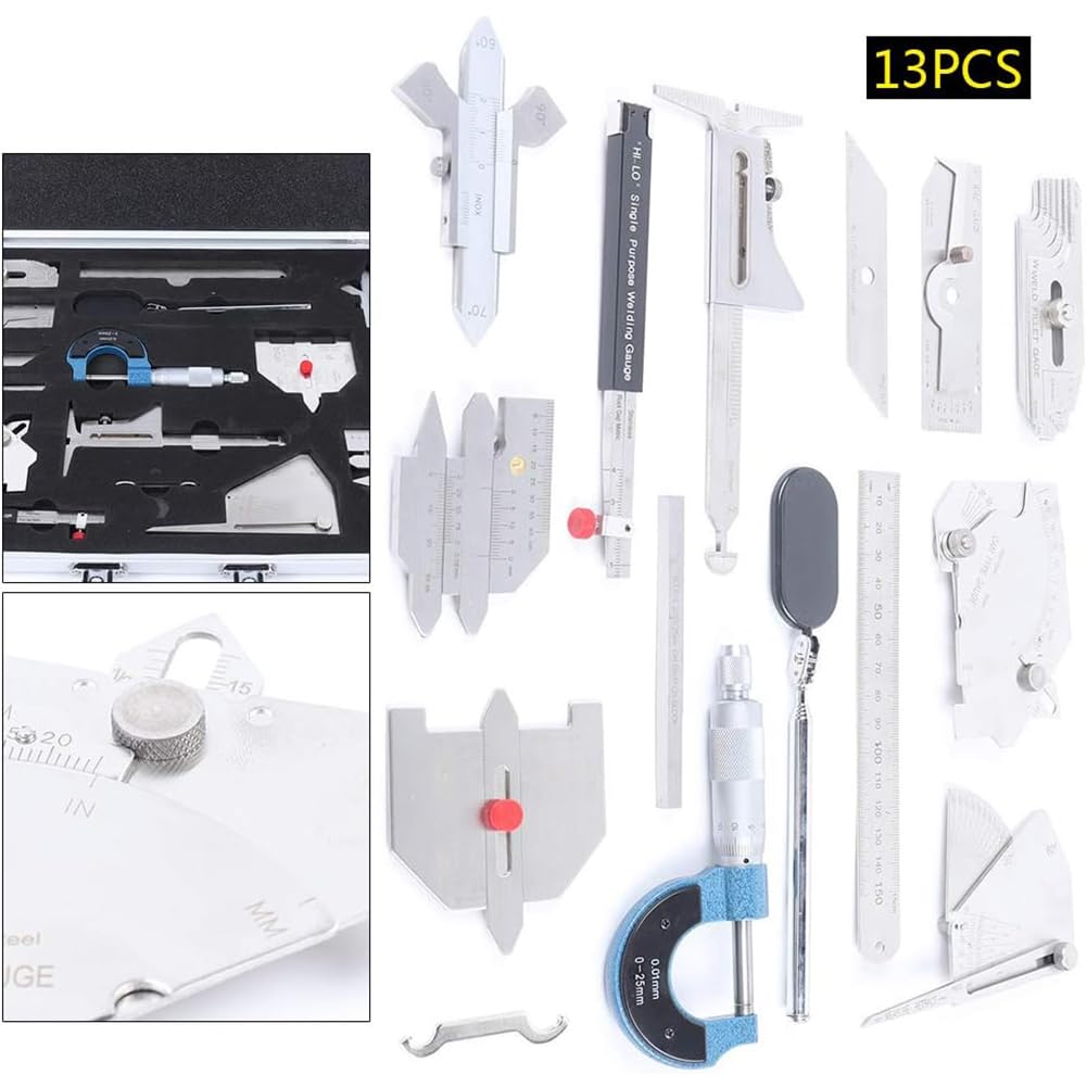 13 Piezas Soldadura Galga Kit De Herramientas, Acero Inoxidable Soldadura Medir Juego De Galgas, Soldadura Inspección Medidor Caja De Reglas Juego De Pruebas Con Espejo De Inspección