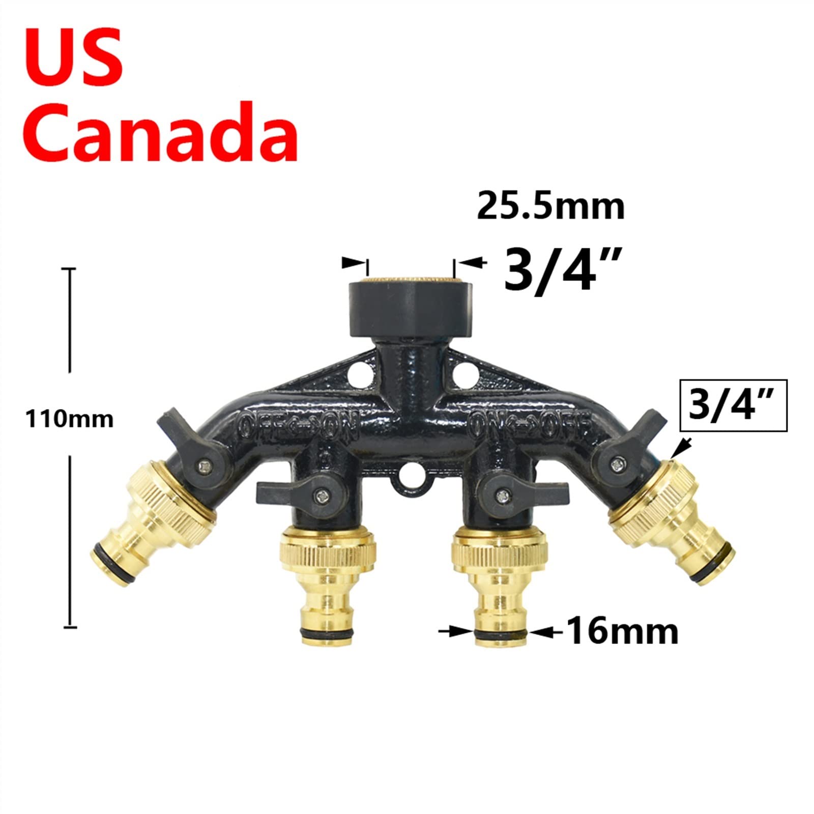 NALsa 3/4-Zoll-Gewinde 2/4-Wege-Messing-Kunststoff-Gartenschlauch-Splitter Y-Typ-Bewässerungsanschluss-Verteiler for Wasserhahn im Freien 1St (Color : US Canada-01)