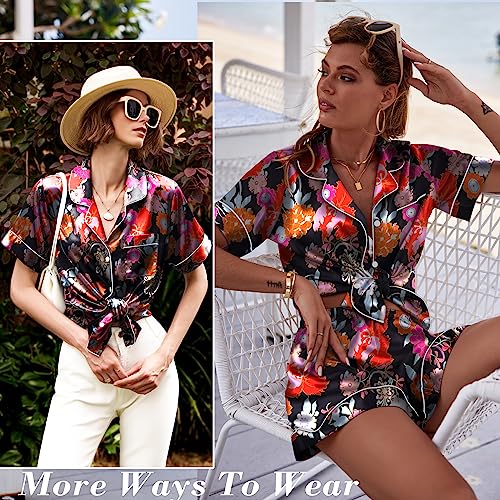 Image of Ekouaer Silk Pajamas for Women Short Sleeve Sleepwear Soft Button Down Loungewear 2 Piece Satin Pjs Shorts Set,Floral Black,S
