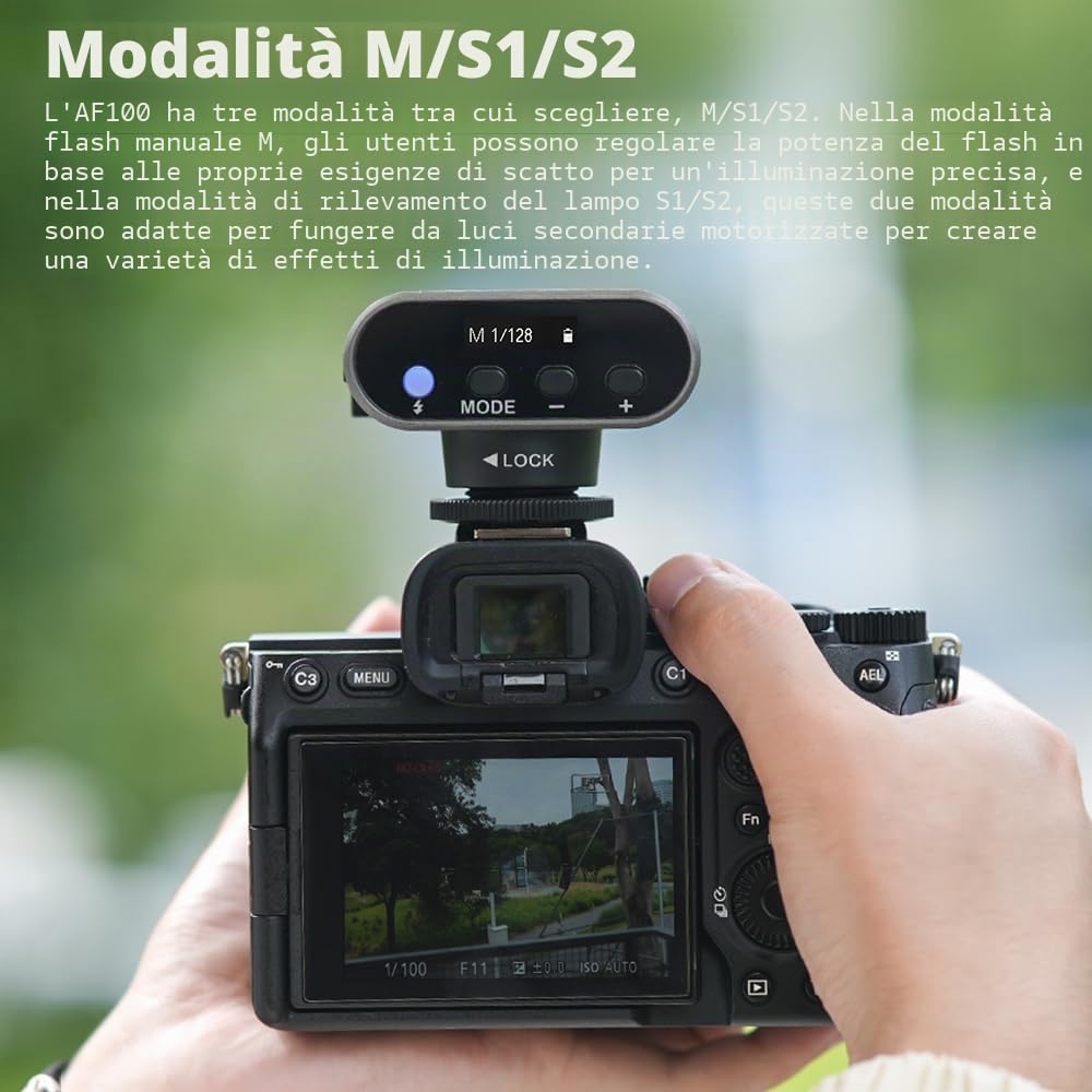 Ambitful Flash AF100 Mini Flash - Flash per fotocamera GN12, 8 livelli di potenza, batteria integrata da 2000 mAh Speedlite manuale compatibile per Canon/Sony/Ricoh gr3/Nikon/Fuji 0.1~1.8S riciclo