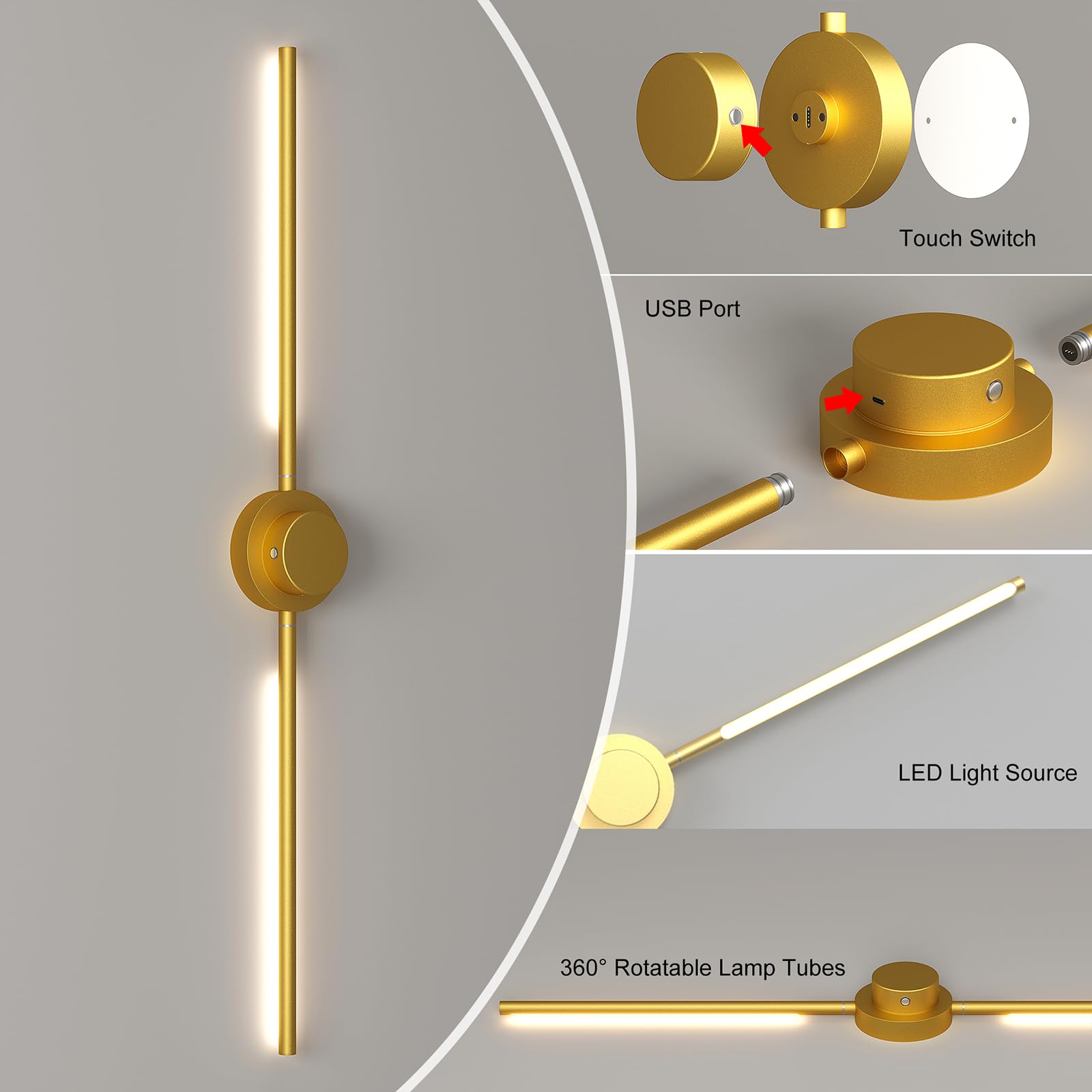 GEADI Applique LED Parete Interno, Lungo Lampada da Muro con Batteria Ricaricabile, Lampada da Parete Dimmabile per Camera da Letto, Soggiorno, Corridoio, Cucina, 2 pezzo