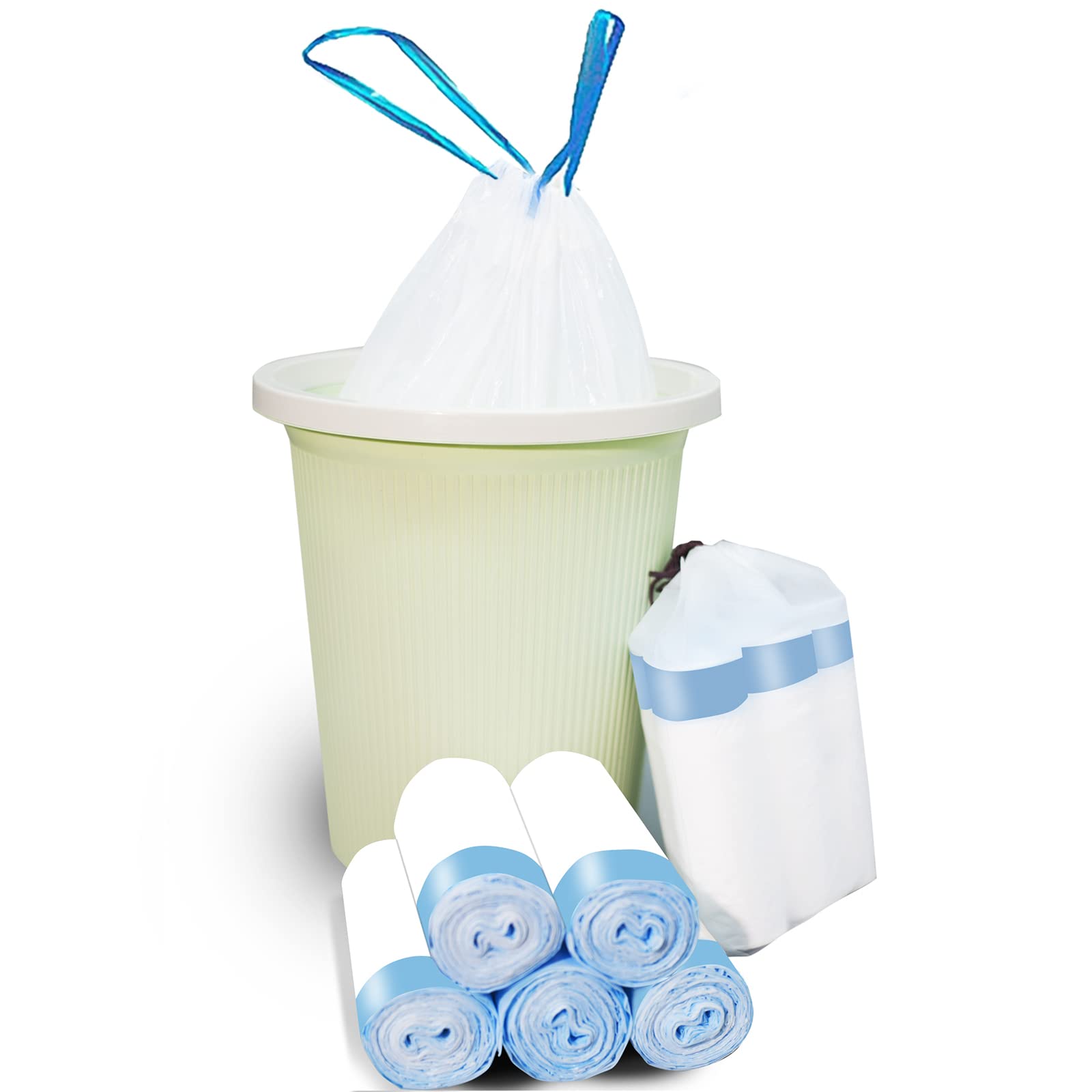 2.5 Gallon Trash Bags With Drawstring, 100 Pcs Trash Can Liners, Blue Strap Bathroom Garbage Bags Tighten Quickly Pack Garbage, Quick Cinch of the Drawstring