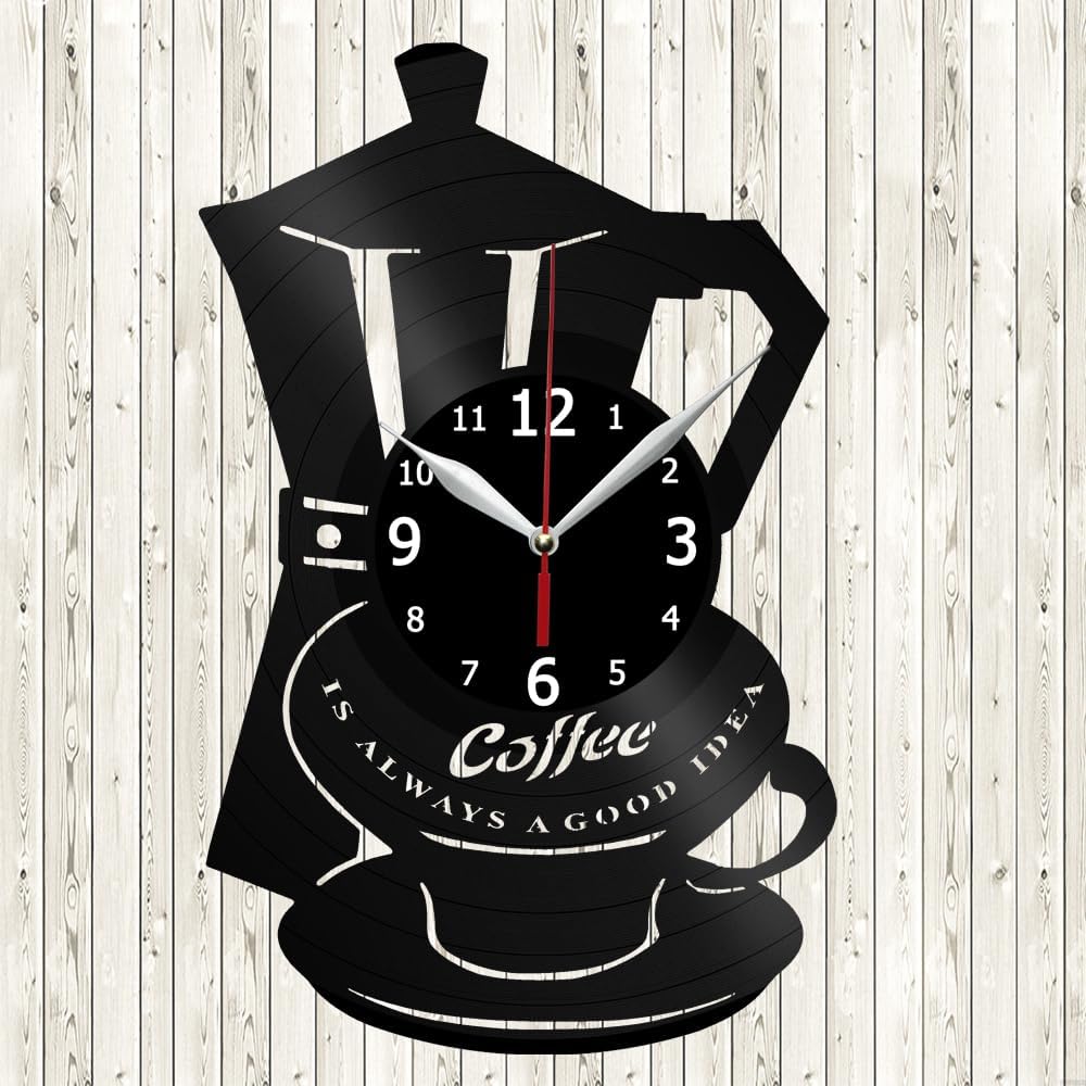 Coffee Wall Clock Vinyl Record Wall Clock Kitchen Design Clock Cup and Teapot Coffee Bar Decor Gifts for Kitchen and Room Decoration