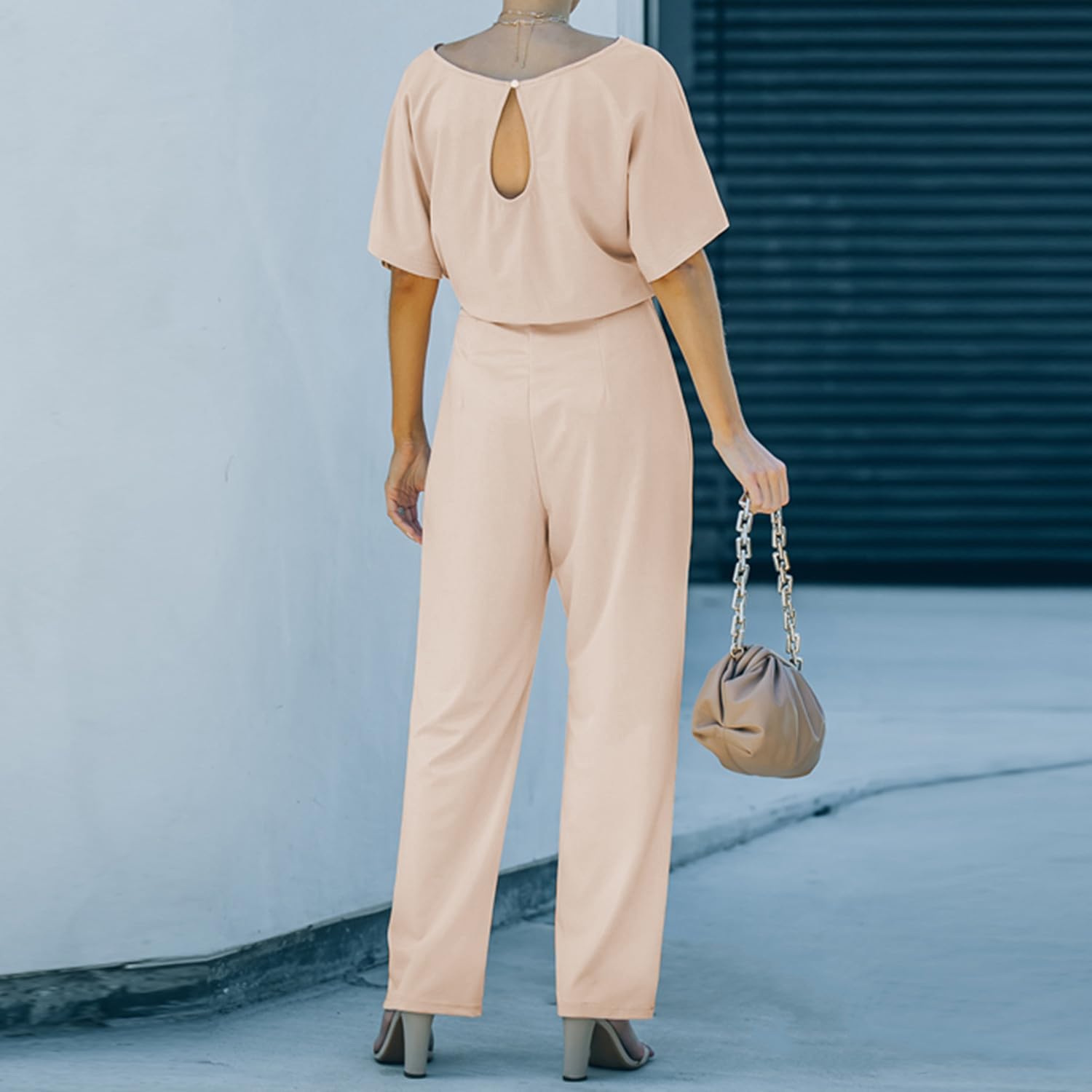 Damen Lang Jumpsuit Overall Hosenanzug Elegant Romper Kurzarm Rundhals Playsuit mit Gürtel Hosenanzug Breite Weites Bein Overall