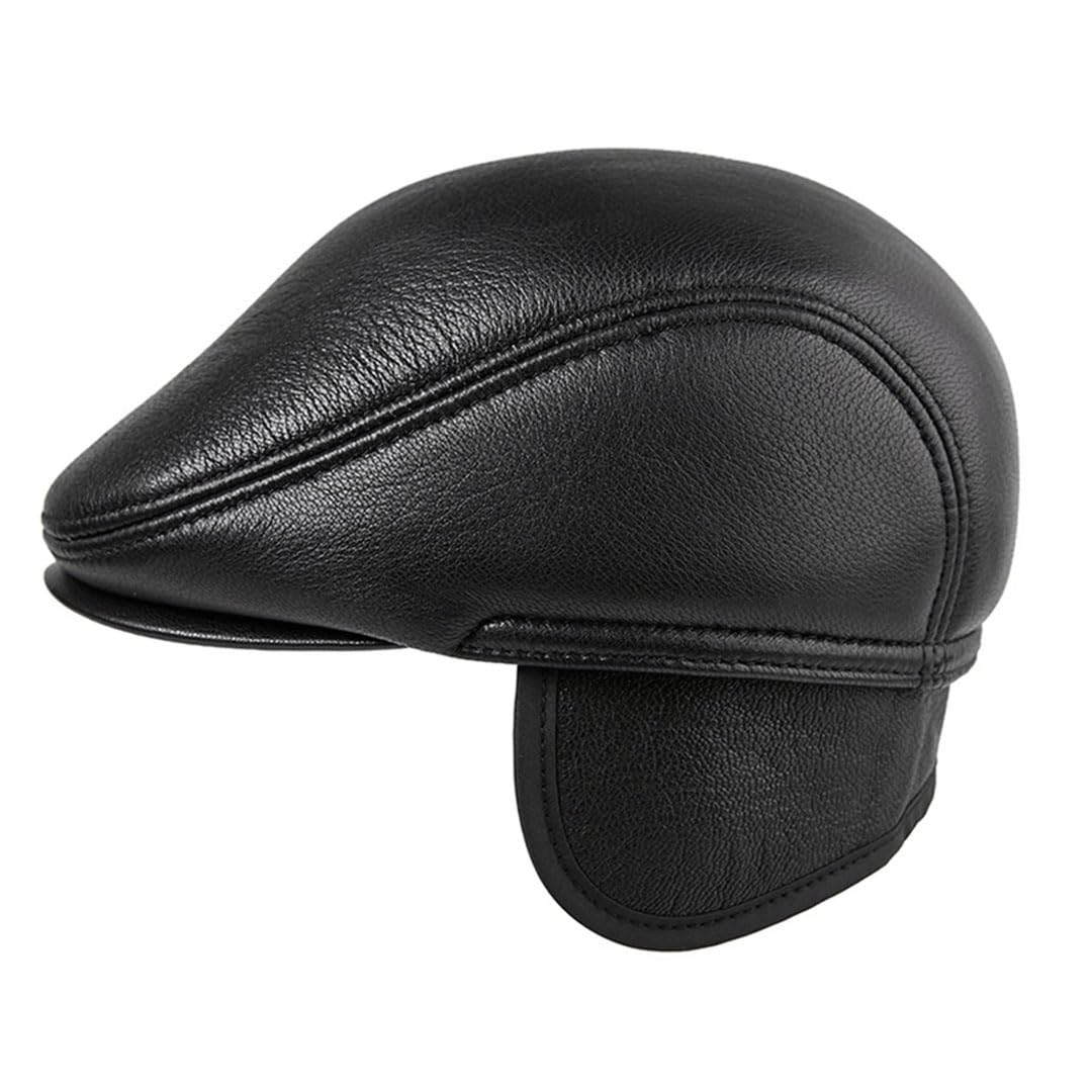 Boina plana de invierno para hombre, color negro, cálido, con orejeras, de piel auténtica, sólida, clásica, para conducir