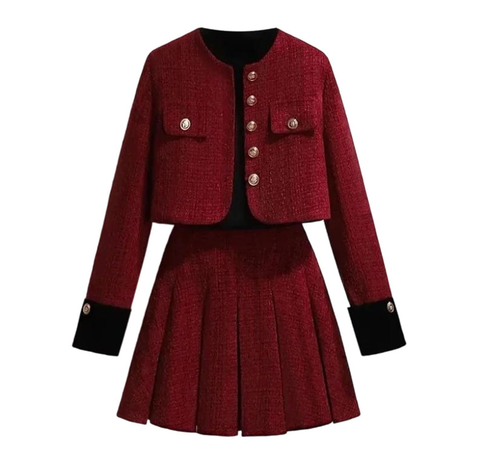 Womens Tweed Two Piece Set Mini Skirt and Blazer Outfit Elegant Pleated Suit Spring Winter Plus Size