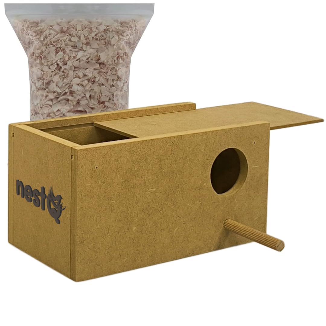 Nido per Parrocchetti con Trucioli Viruta per la Catenina, Casetta di legno per uccelli, con ganci per la Gaule di parrocchetto, 20 cm x 11 cm x 11cm