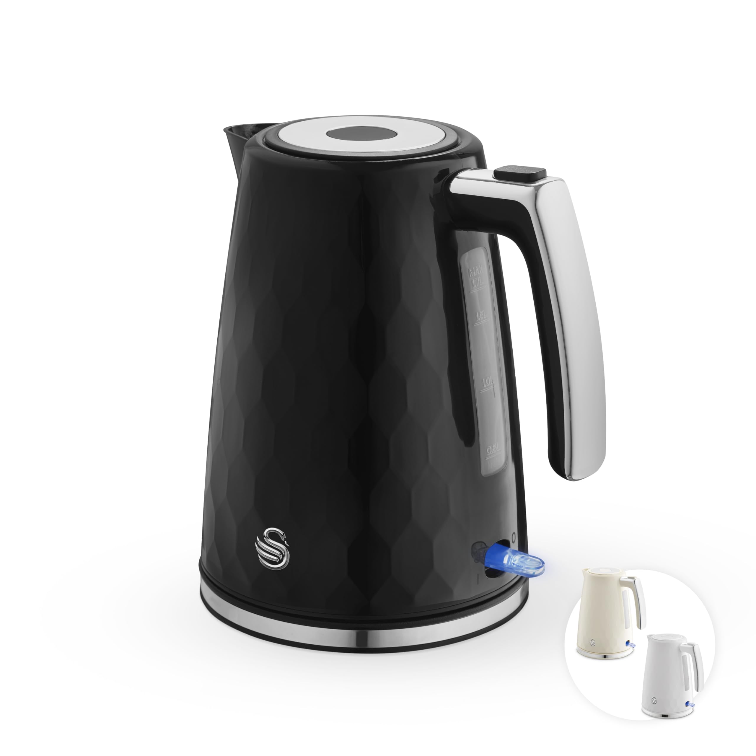 Swan Hexton 1.7L Electric Kettle, 3KW Rapid Boil, Flip Top Lid, Removable Limescale Filter, 360-Degree Base, Cord Storage, Black with Chrome Accents, SK19038BLK