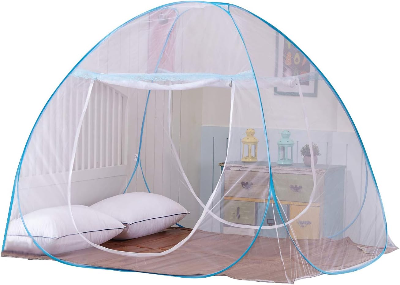 Luhi Blue Color Foldable King Size Double Bed Mosquito Net for Double Bed with Soft Mesh with Free Saviours Large Queen Opening Window One Side Zipper MachchharDani