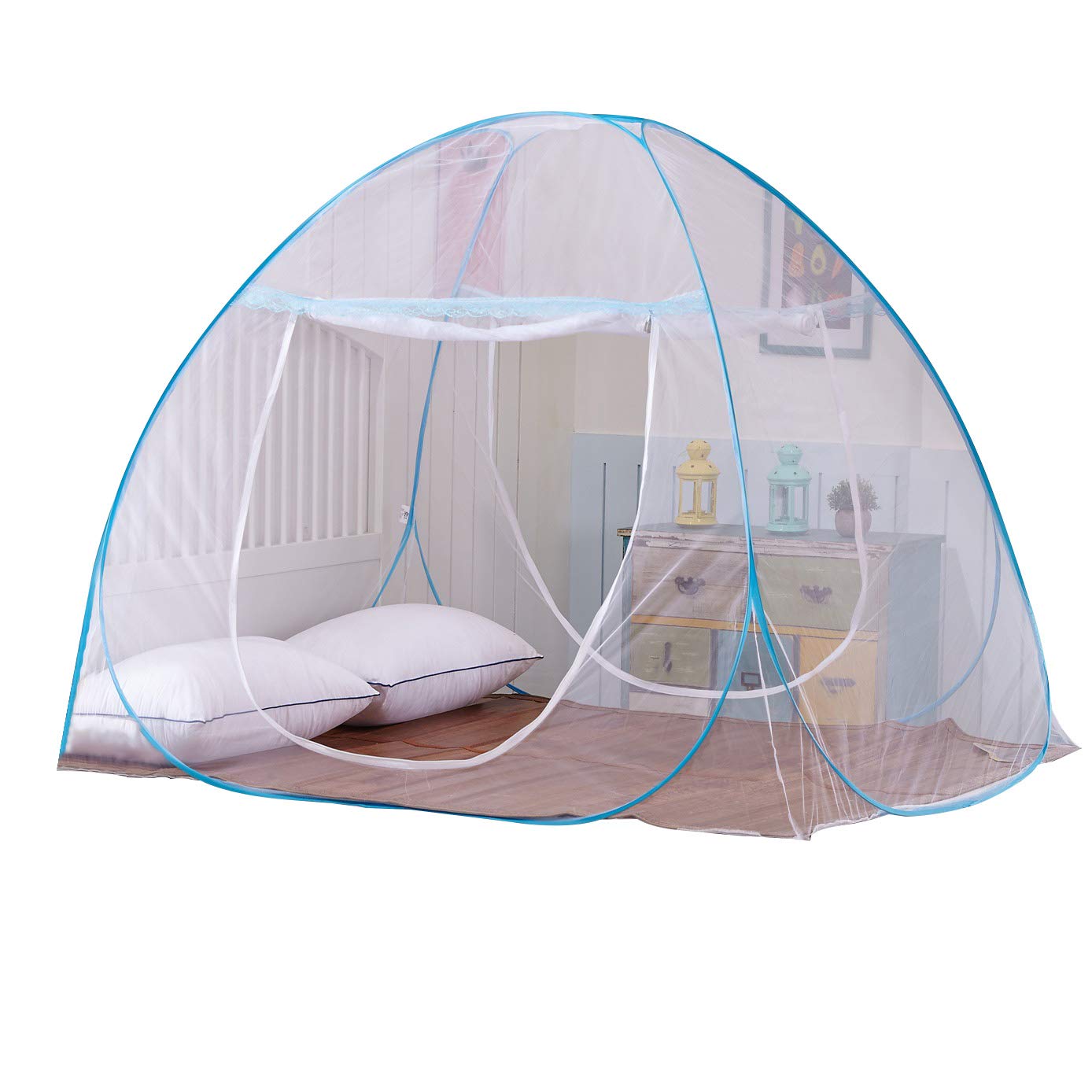 Luhi Blue Color Foldable King Size Double Bed Mosquito Net for Double Bed with Soft Mesh with Free Saviours Large Queen Opening Window One Side Zipper MachchharDani