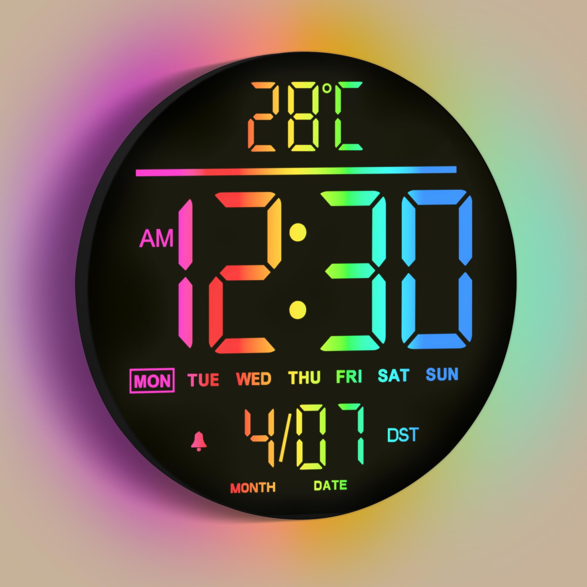 Mee 2ou Reloj Digital Pared, Reloj Led De 25 cm/10", 12 Colores RGB, Brillo Auto, Temperatura, Fecha Y Día, Auto DST, Luz Nocturna, Sin Tic-Tac, Reloj De Pared Eléctrico Moderno Para Dormitorio, Salón