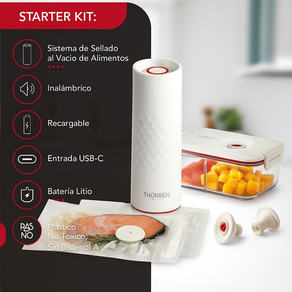 Thörben Envasadora al Vacío Inalámbrica USB-C con Autoapagado, Tupper Vidrio Borosilicato 1 L, 10 Bolsas Reutilizables (5S/5M), 2 Tapones Vino