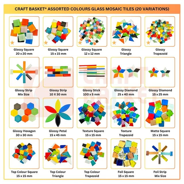 Image of Assorted Colours Glass Mosaic Tiles (20 Variations) (All Packs: 100 g,200 g,1 kg,1 kg), DIY Mosaic Art, Decoration, Crystal Glass Mosaic Tiles (Glossy Square 15 x 15 mm), 1 kg