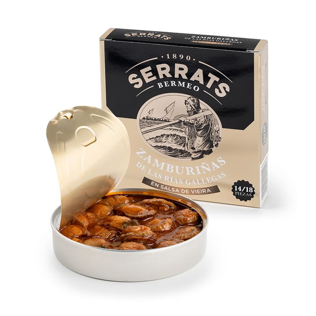CONSERVAS SERRATS - Zamburiñas de las Rías Gallegas en Salsa de Vieira 14/18 Piezas por Lata - 8 latas x 110g (Total: 880g) - Elaboración Artesanal desde 1890 - Sin Gluten, Rico en Omega 3