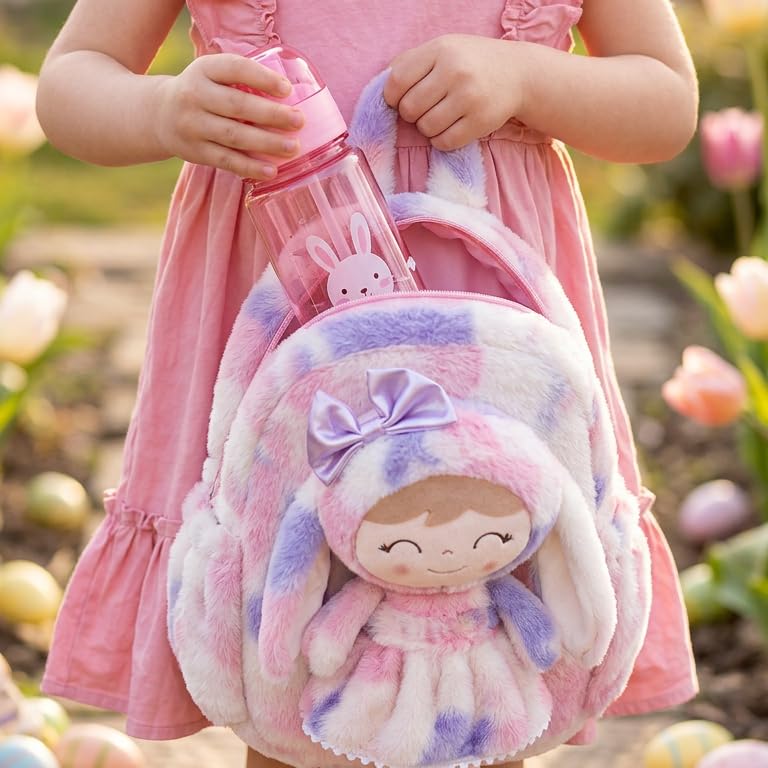 Image of Gloveleya Back to School Gifts for Girls Backpack Plush Diaper Bag Detachabale Doll Tie-dye Purple and Soft Rabbit Design Aged 2+
