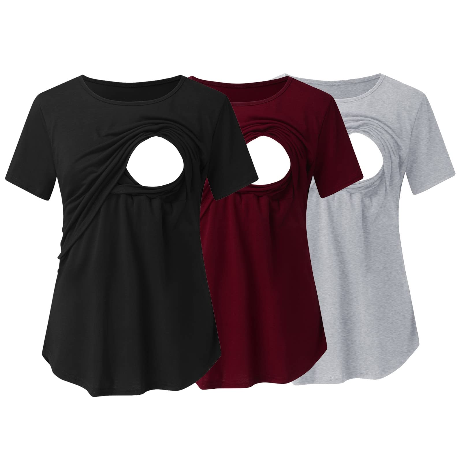 Camisetas Lactancia Cremallera Camiseta de Maternidad para Mujer Manga Corta Cuello Redondo Color sólido asimétrica para Lactancia Paquete de 3