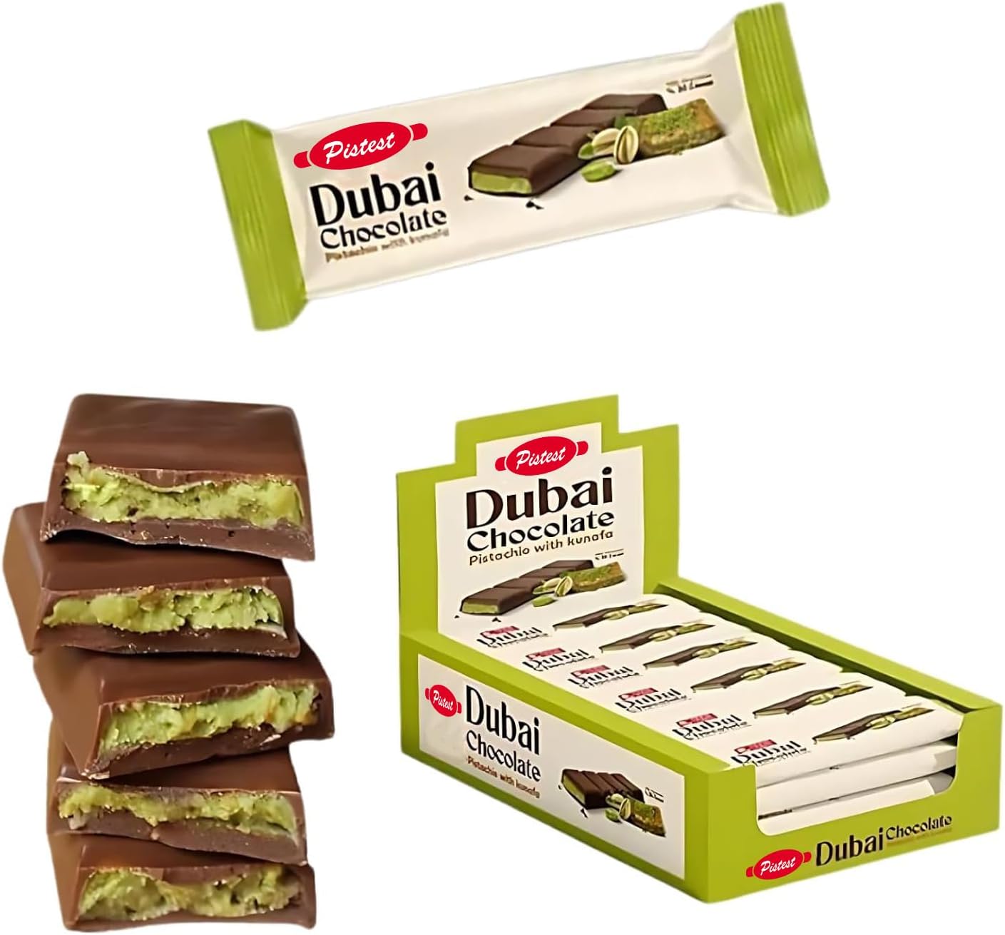 Dubai Kunafa Pistachio Chocolate Bars – Pack of 24 (27g Each) – Dubai Chocolate with Shredded Phyllo Dough – Freshly Made, 1.43 lbs – Ideal Gift for Holidays, Birthdays, Corporate Events & Celebrations