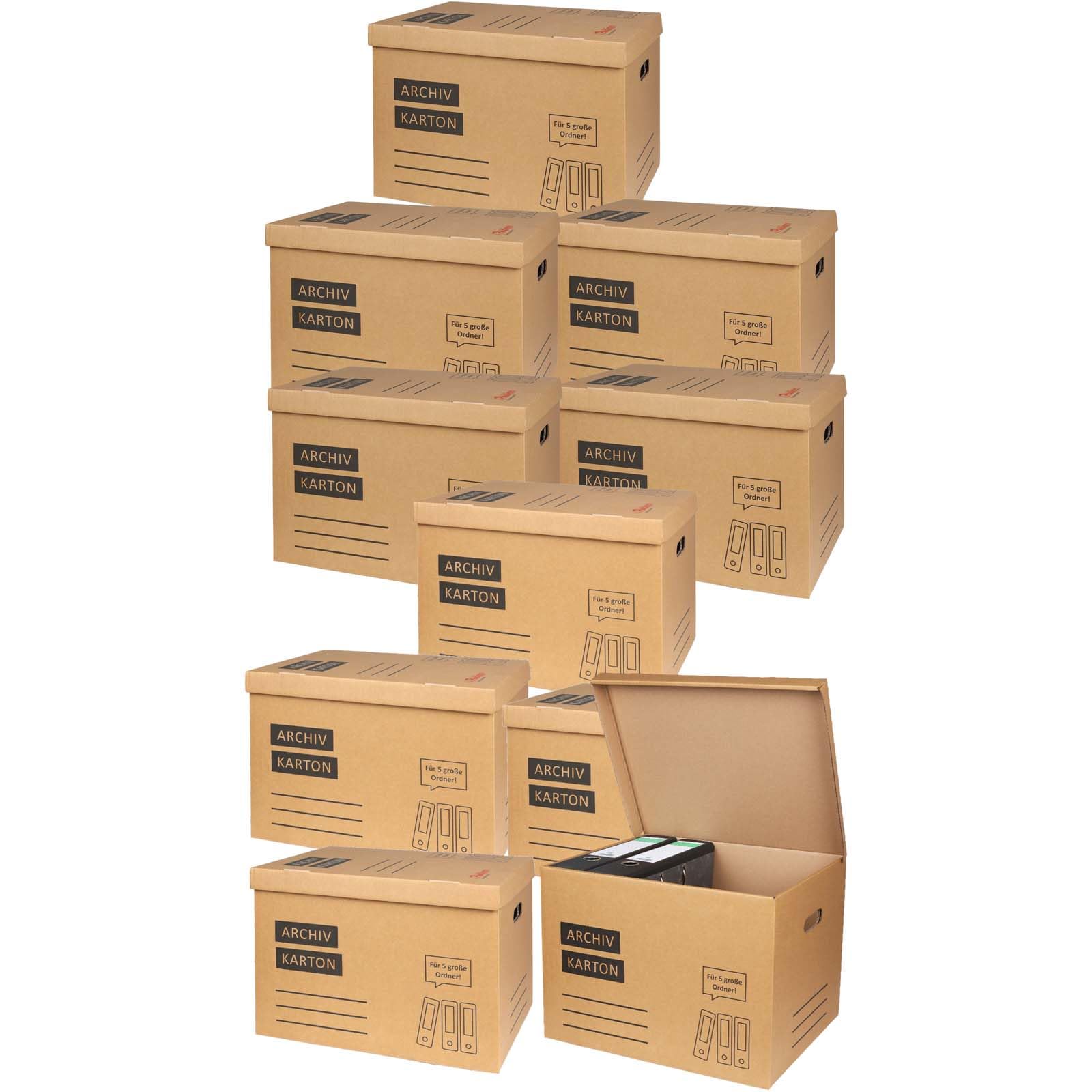 Archivkarton 10er Aktenkarton A4 Ordnerbox Archivbox Klappdeckel Stabil | BURI, je 5 Ordner, Archivschachtel, Dokumentenbox, Transportbox, Organisation, Büro, Lagerung, Wellpappe, robust