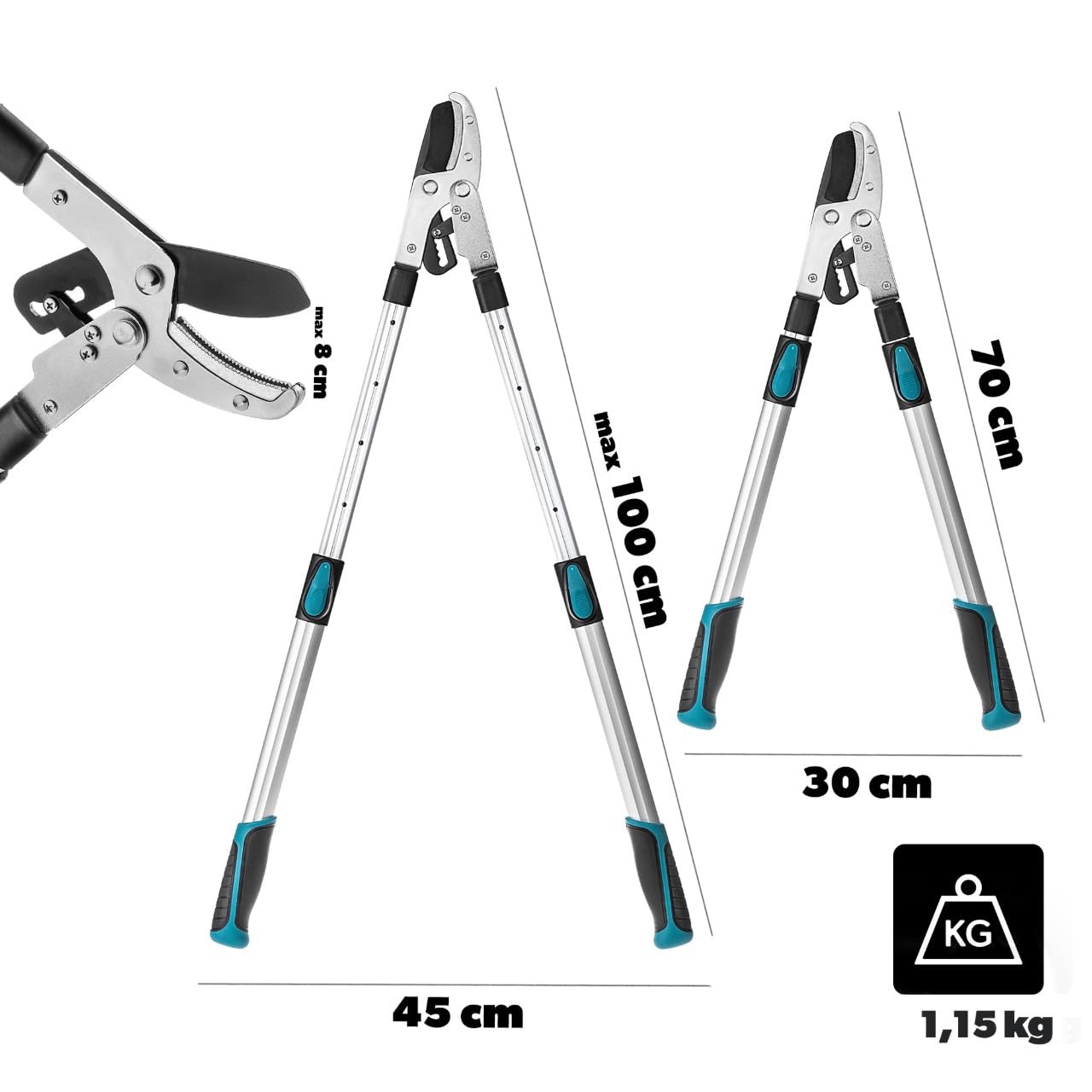 KADAX Amboss Astschere 70–100 cm, Teleskop Baumschere für dicke Äste bis 80 mm, Gartenschere mit rutschfesten Griffen und scharfer Stahlklinge für präzisen Baumschnitt