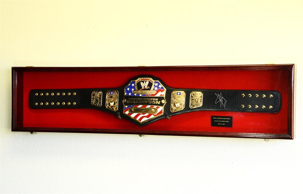 Hockey Stick Puck Display Case Rack Holder Full Size Wall Mounted (Cherry Wood Finish, Red Background)