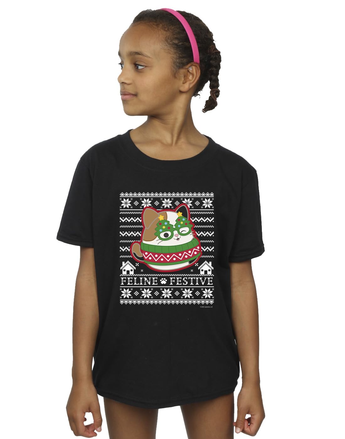 Absolute Cult Girls Black Squishmallows Cam Cat Fair Isle T-Shirt 9-11 Years