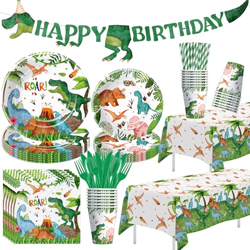 Srua Don Dinosaur Birthday Party Supplies Boy - Dino Dinosaur Birthday Decorations Tableware, Paper Plate, Cup, Napkin, Tablecloth, Disposable Cutlery, Banner, Serves 24