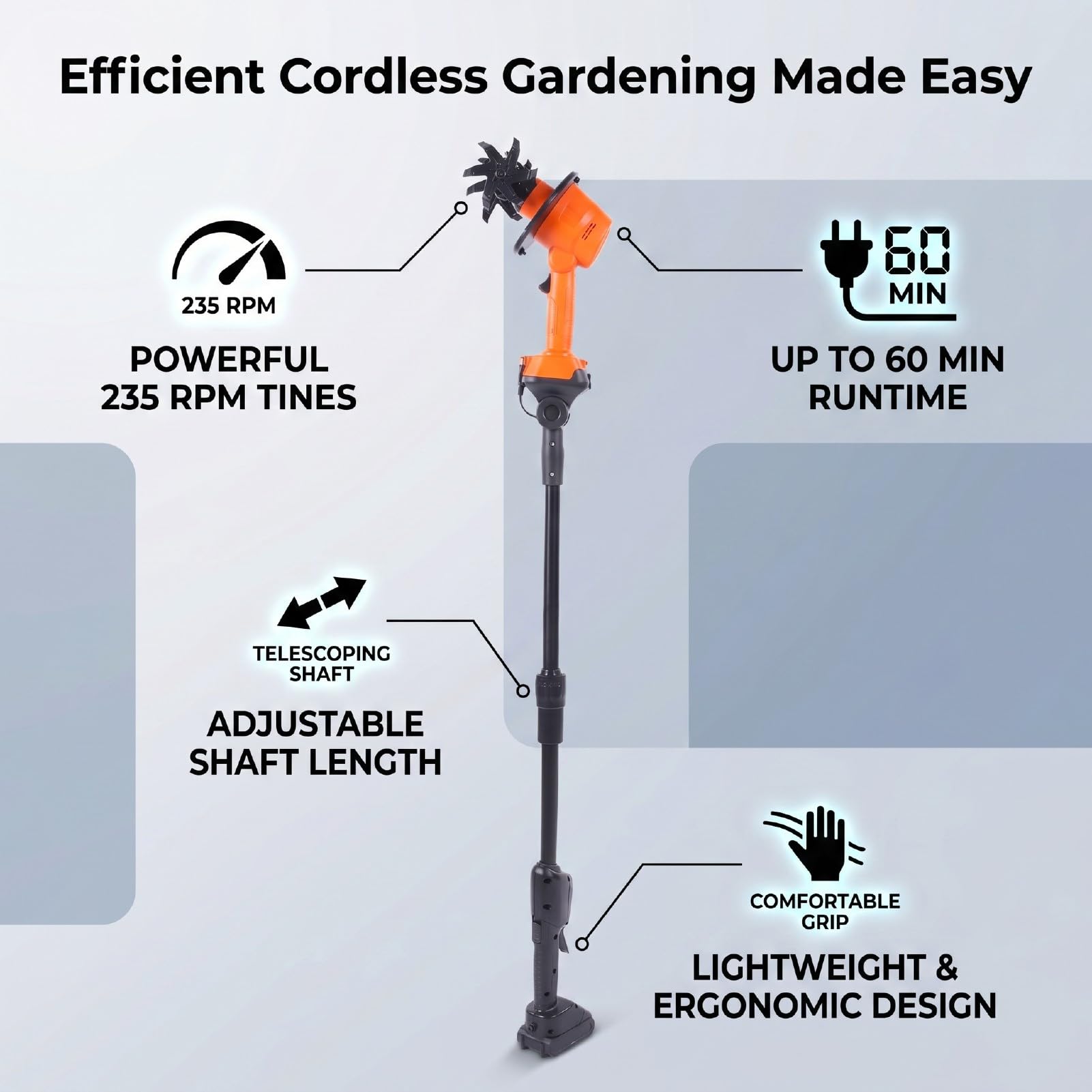 PUSOKEI Motocultor Eléctrico Inalámbrico 235 RPM 8000 MAh |Azada de Jardín Alimentada por Batería para Desherbar la Labranza en Jardines (Enchufe de la UE 100-240V)