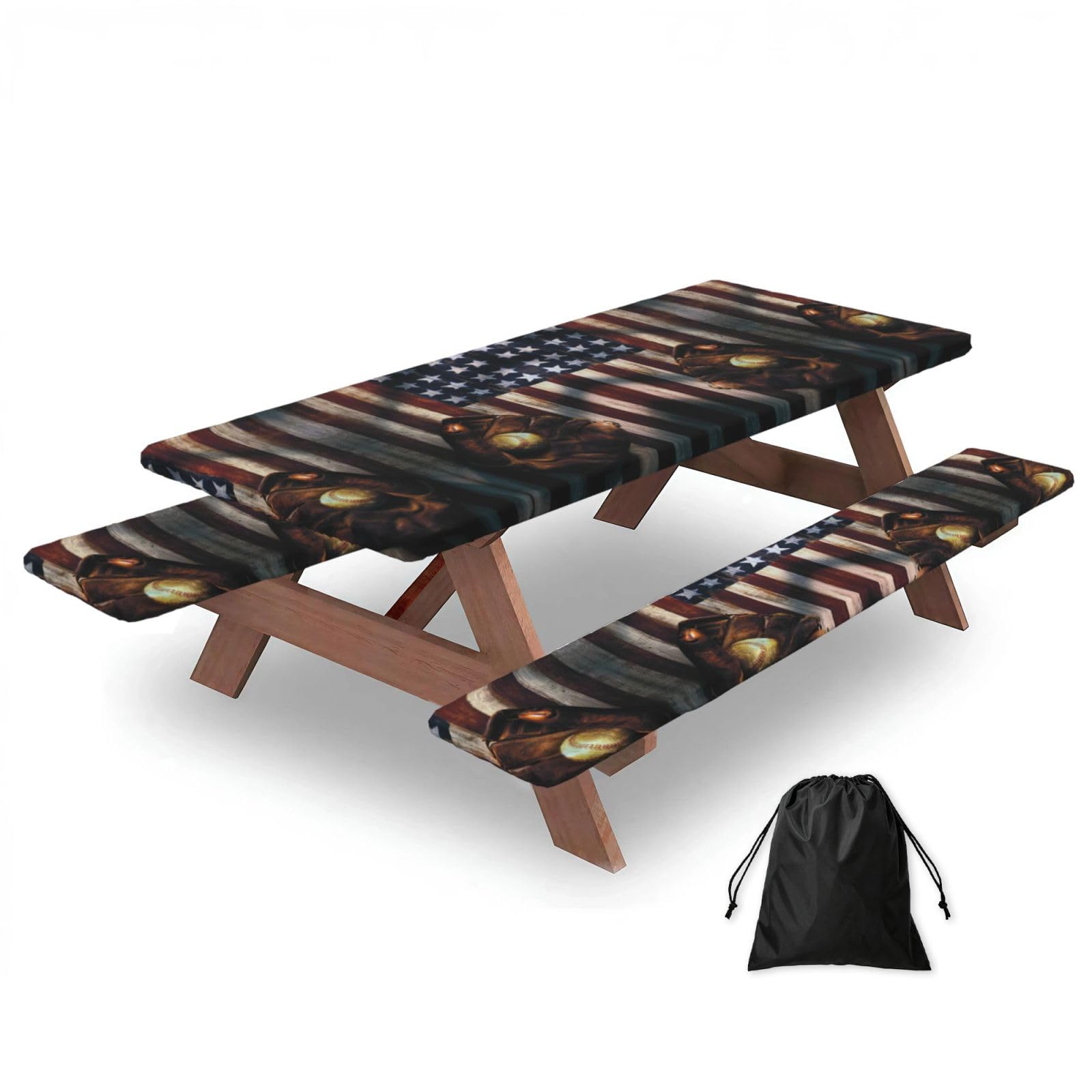 American Flag Baseball Print 3 Pack Wipeable Picnic Bench Cover And Table Cover Lightweight Table Cloth For Camping Outdoor