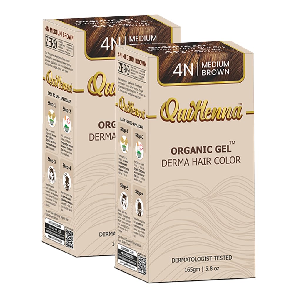 QuikHenna Organic Hair Colour Derma Gel 4N Medium Brown 165gm- Pack of 2 | Dermatologist Recommended PPD & Ammonia Free Permanent Hair Color | Natural Hair Colour for Women & Men