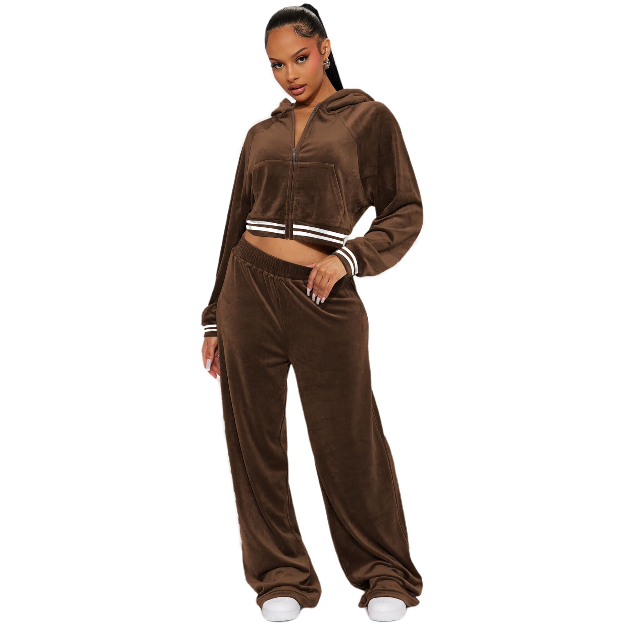 yidengymx Womens 2 Piece Velour Tracksuit Two Piece Soft Velvet Hooded Outfits for Women Hoodie/Wide Leg Pants-brown Small