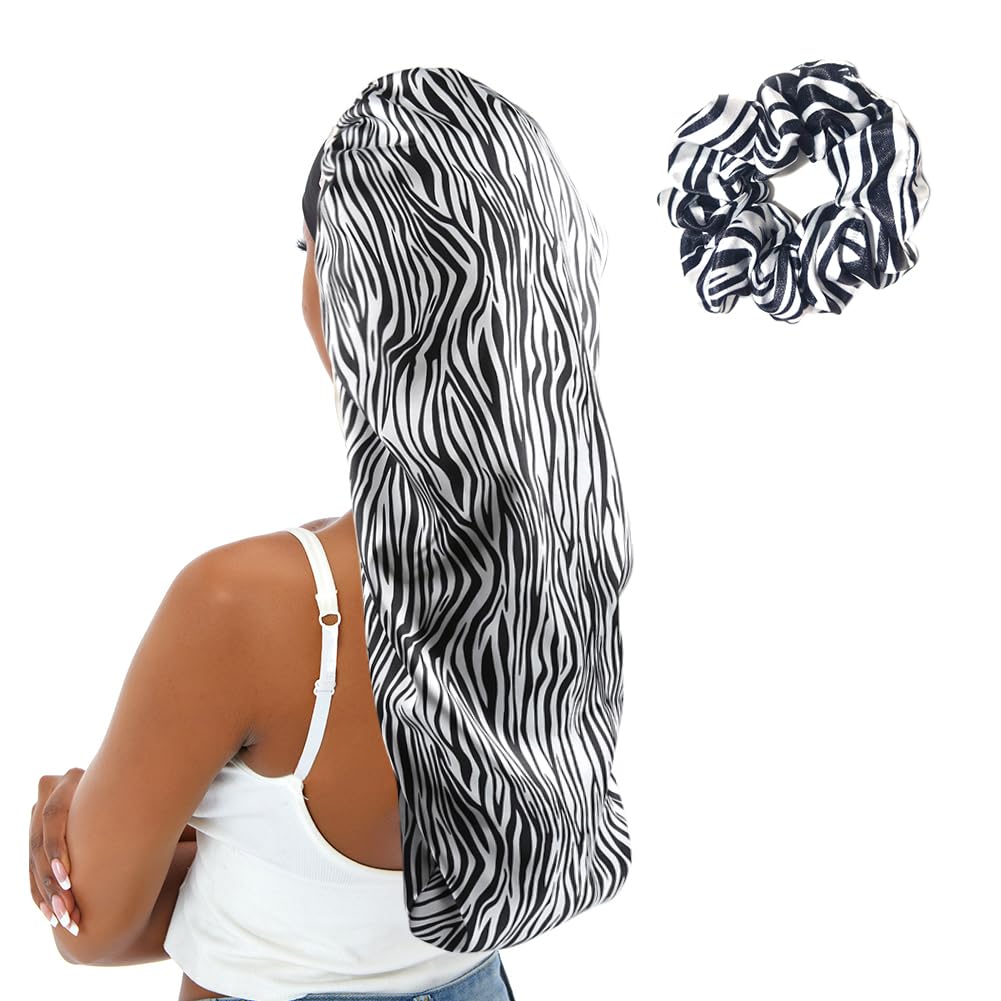 sent hair Extra Large Satin Bonnet for Women, Double-Layer Silky Sleep Cap, Long Hair Bonnet with Tie Band for Braids/Curly/Long Hair (Zebra Pattern)