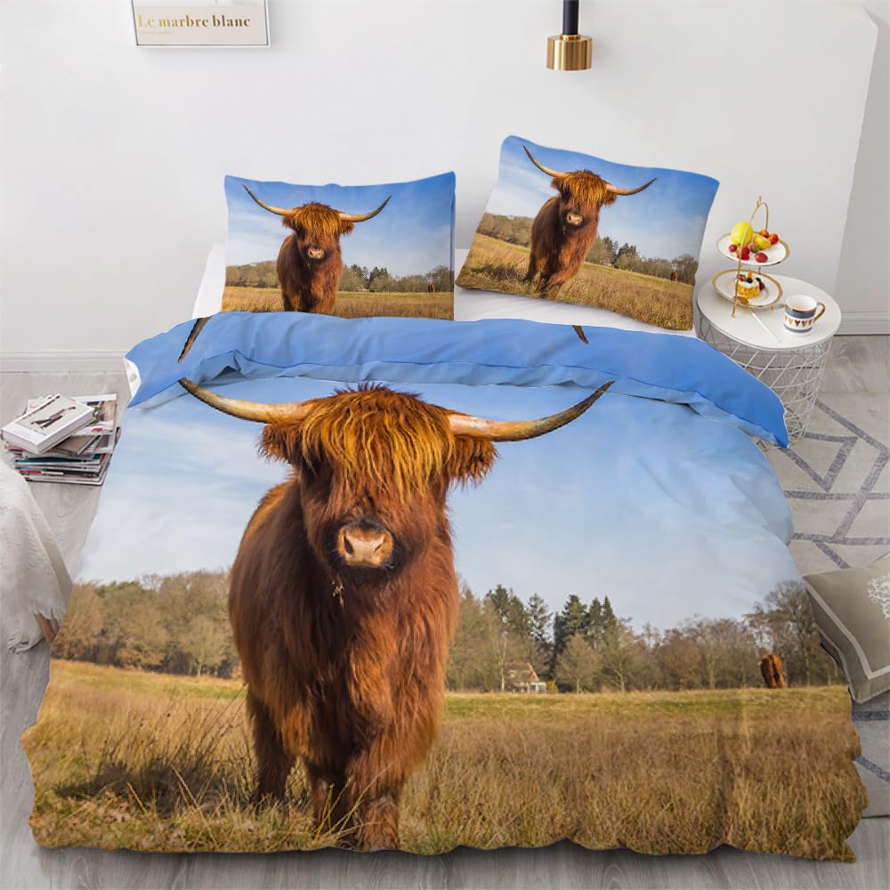 MARBRE 3D Highland Cow King Size Duvet Cover Set 220x230cm 3 piece Soft Microfiber Reversible Bedding Set Cow Comforter Cover with Zipper Closure Quilt Cover with 2 Pillowcase 50x75cm（Image 21-14）