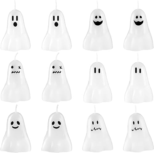 Miniatura 7 de MTLEE 12 velas votivas de fantasmas de Halloween, velas votivas de fantasma, velas de fantasma blanco, velas espeluznantes, decorativas, fantasmas,